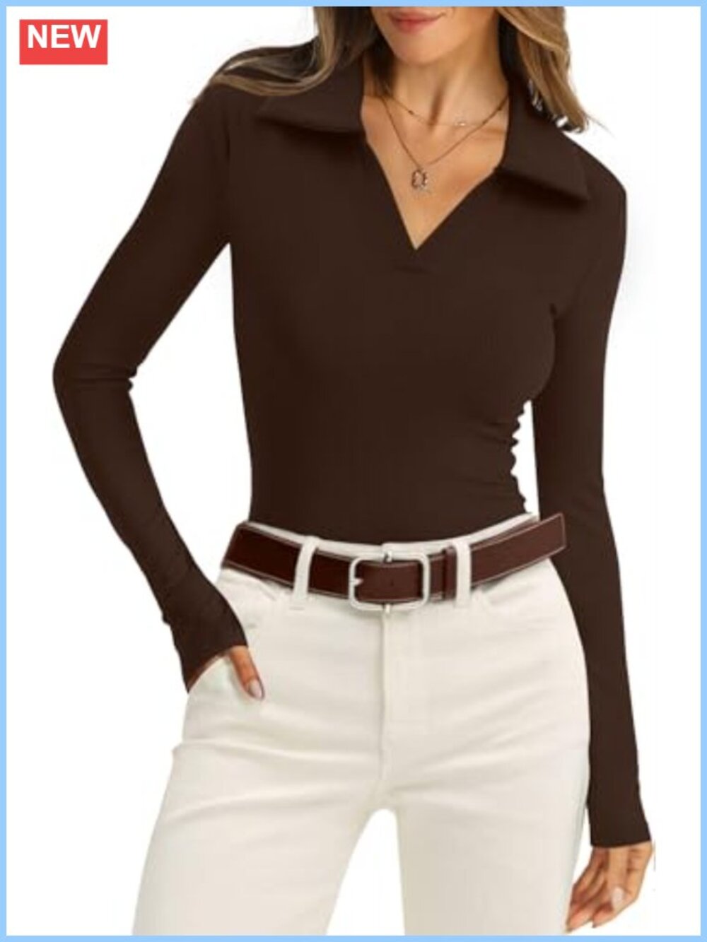 Womens Long Sleeve Polo Shirt Ribbed Knit Slim Fit Business Casual Top